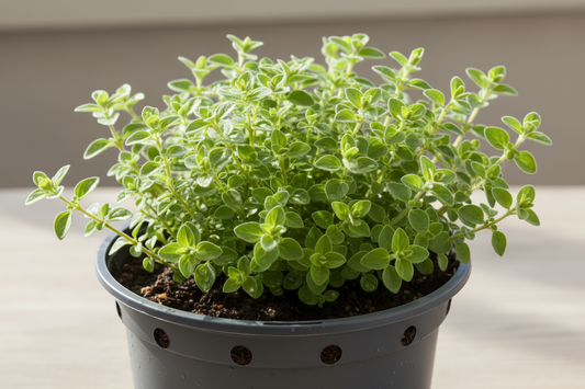 Create a small oregano plant growing in a nursery-grade pot.