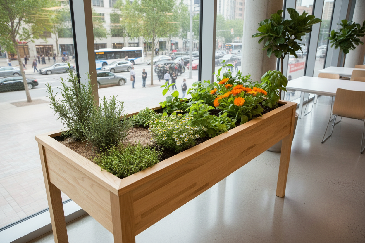 Add some calendula to this herb garden.  Do not change anything else.