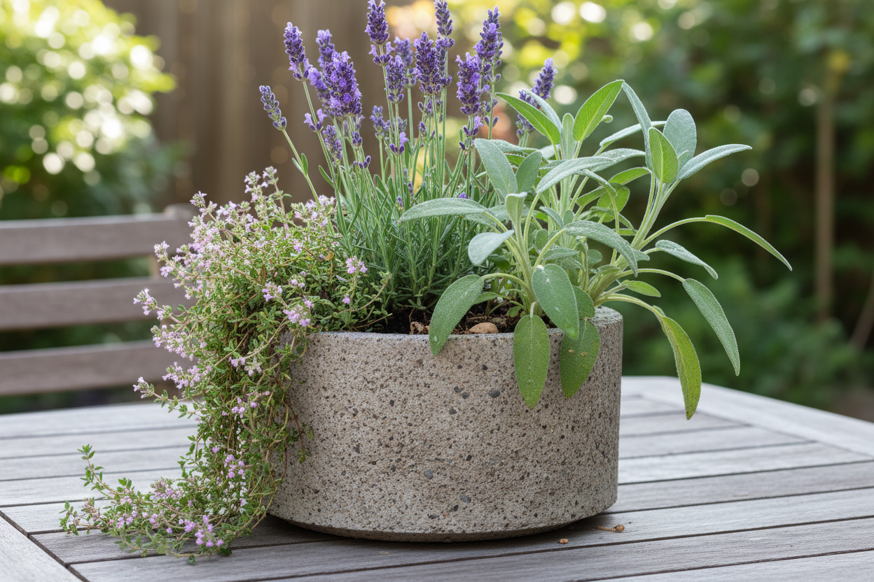 Cement planter (gray, round pot) with lavender, thyme, and sage arranged so thyme is flowing over one side and sage is growing and lobbing over the other side.