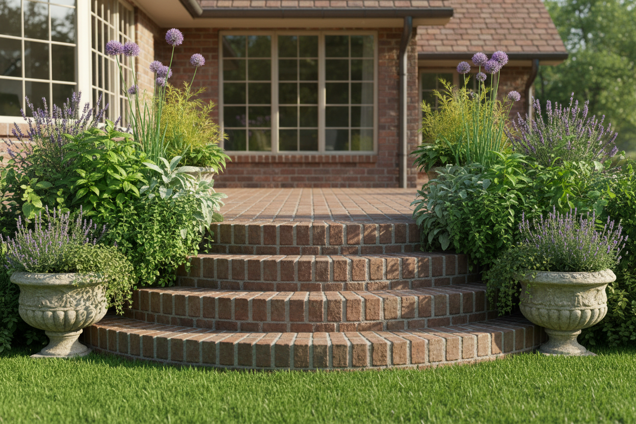 Create a photo of a back deck, made of brick, coming off a house with wide brick stairs leading out into a yard.  Flock the right and left sides of the stairs with stone planters filled with herbs:  basil, oregano, thyme, chives, sage, fennel, lavendar.