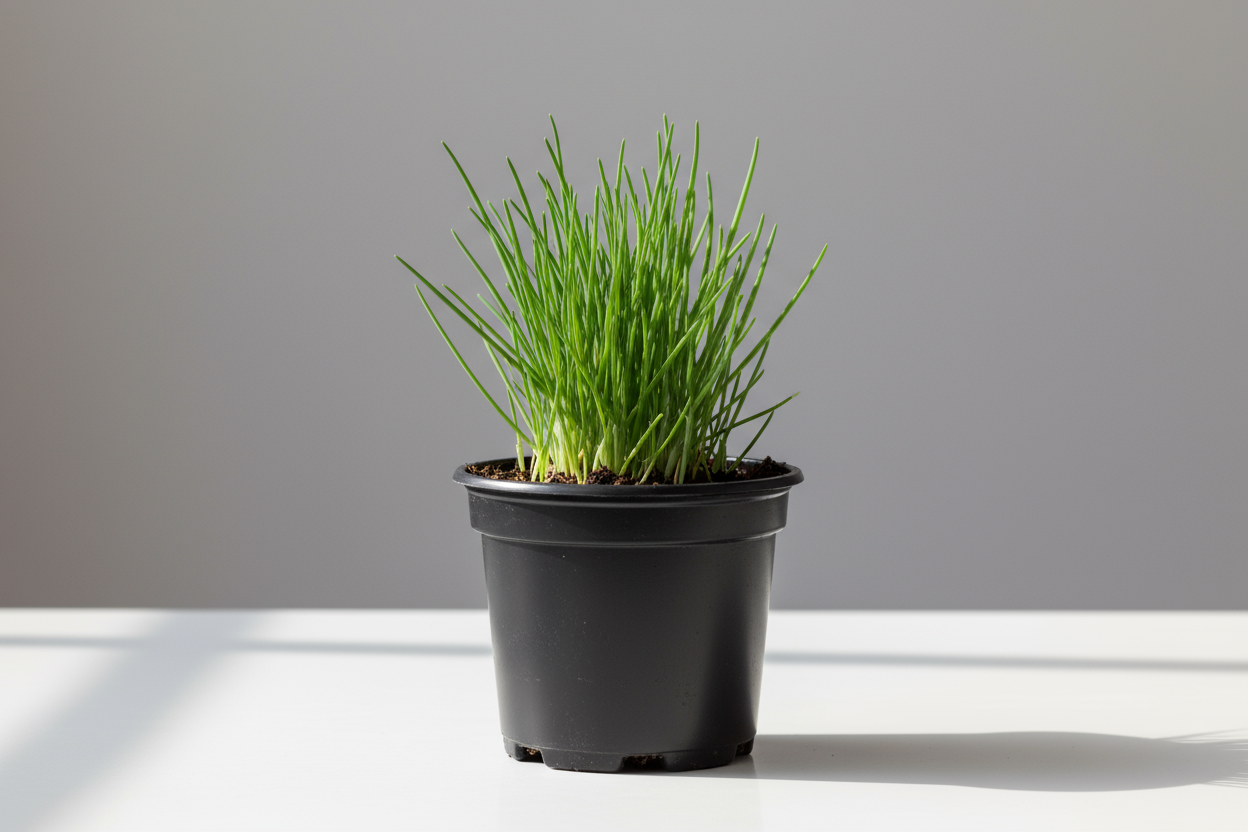 Create a small chives plant, growing in a nursery-grade pot.