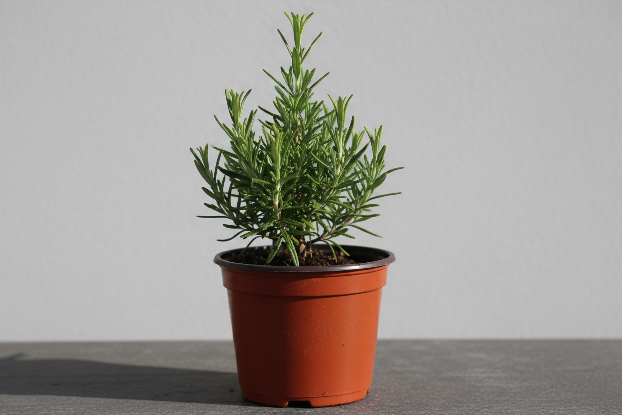 Create a small rosemary plant, growing in a nursery-grade pot.