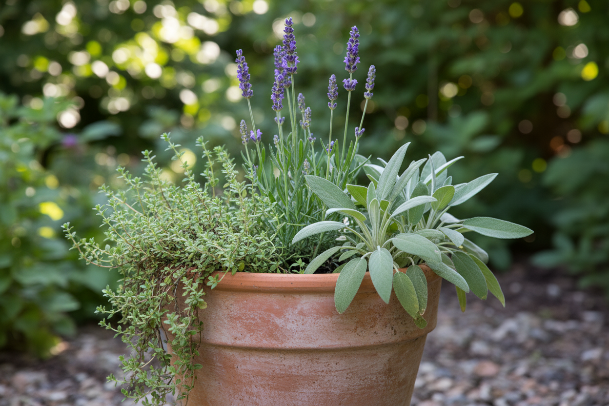 Create an image in a terracotta or unglazed clay pot with lavender, thyme, and sage- with the thyme flowing over one side and sage growing on the other side lopping over the side.