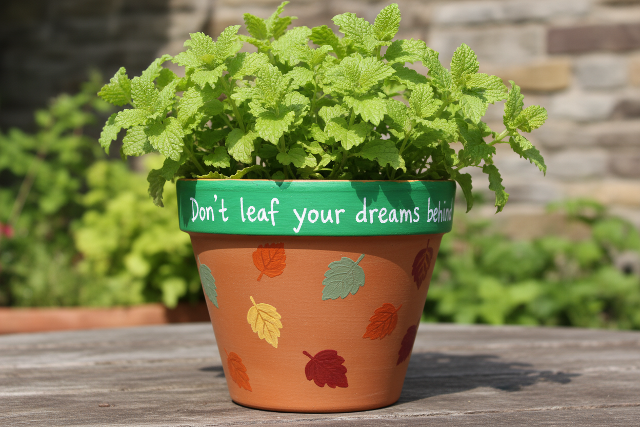 Create an image on a 6-8 inch clay pot with an evenly-painted bright green rim, and the quote, Don’t leaf your dreams behind.  Make the quote look like it was painted by a thirteen-year-old and have some painted leaves scattered here and there all over the pot.  Place a lemon balm plant in the pot.