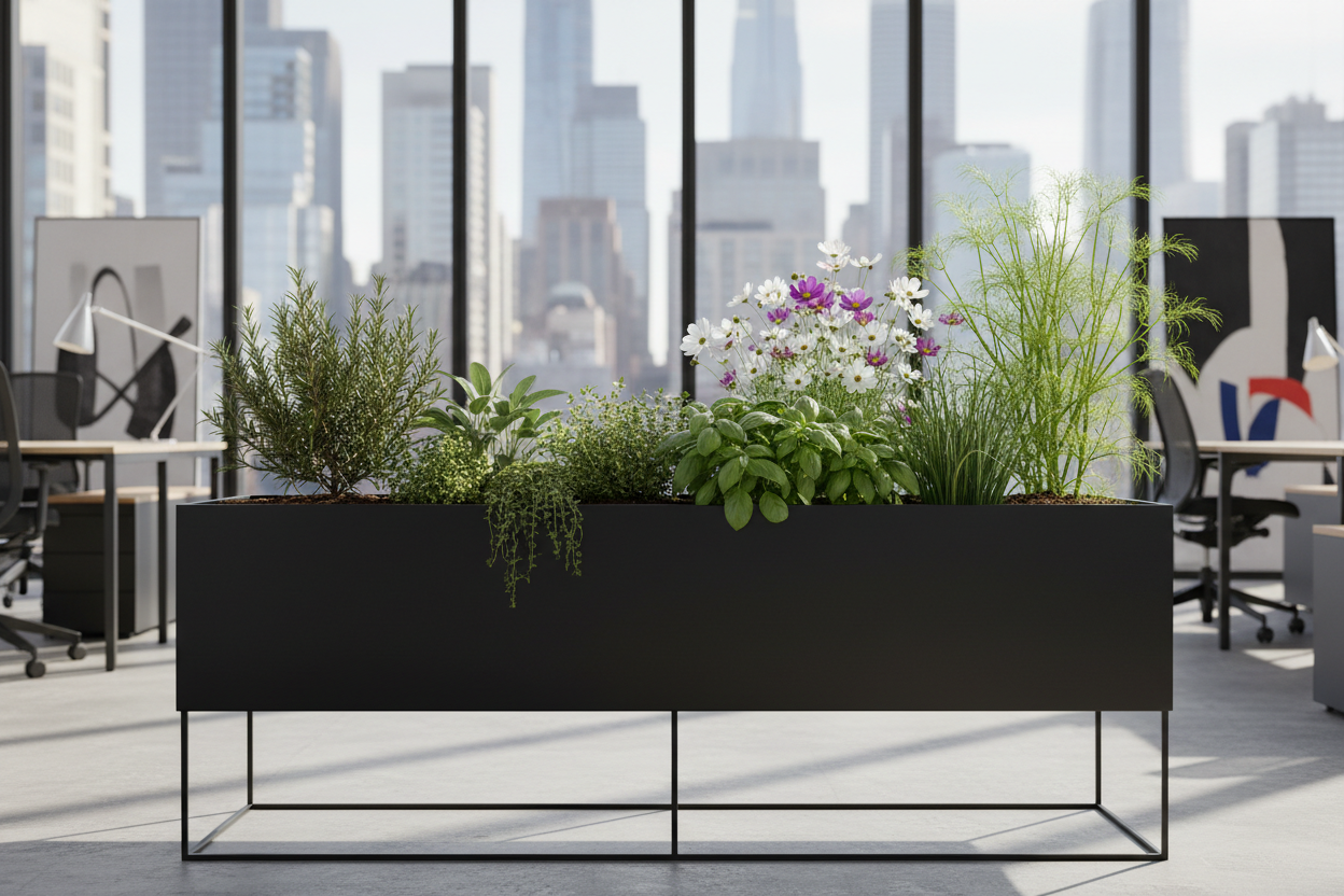 Generate an image of a raised herb garden, set in a workplace with large windows, in an urban area.  The raised herb garden should be in a black/high-end container 5'X3'X2', on legs that bring the top of the container 4 feet from the floor.  Inside the container, from back to front (keeping taller growth in the back), on the right half of the container, should be  fennel, white/purple cosmos, basil, chives.  On the left rosemary, sage, oregano, thyme- keeping herbs with dryer-soil needs will be on left.