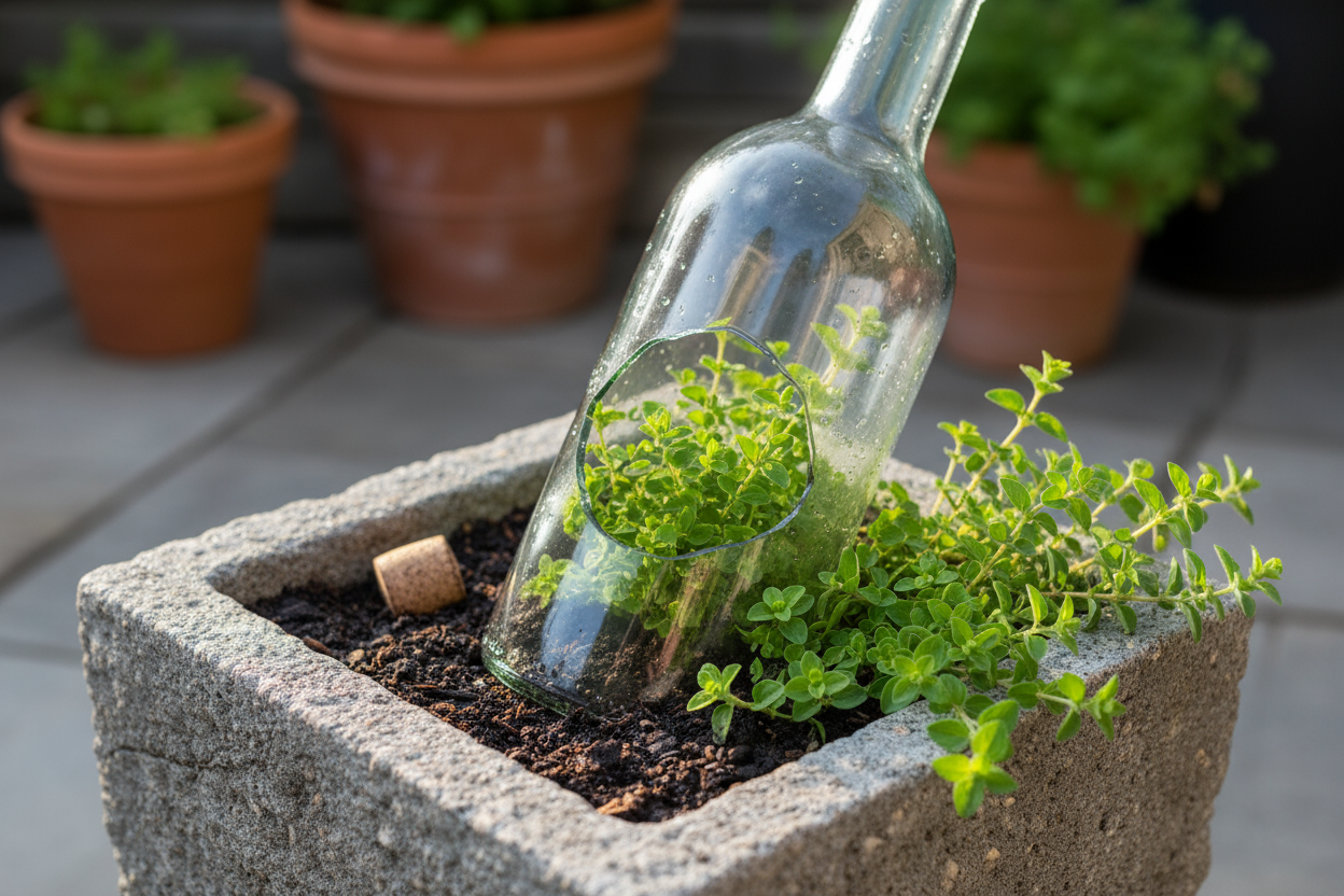 Hmmm. The bottle should not be upside down.  Bury it bottom-first into the soil.