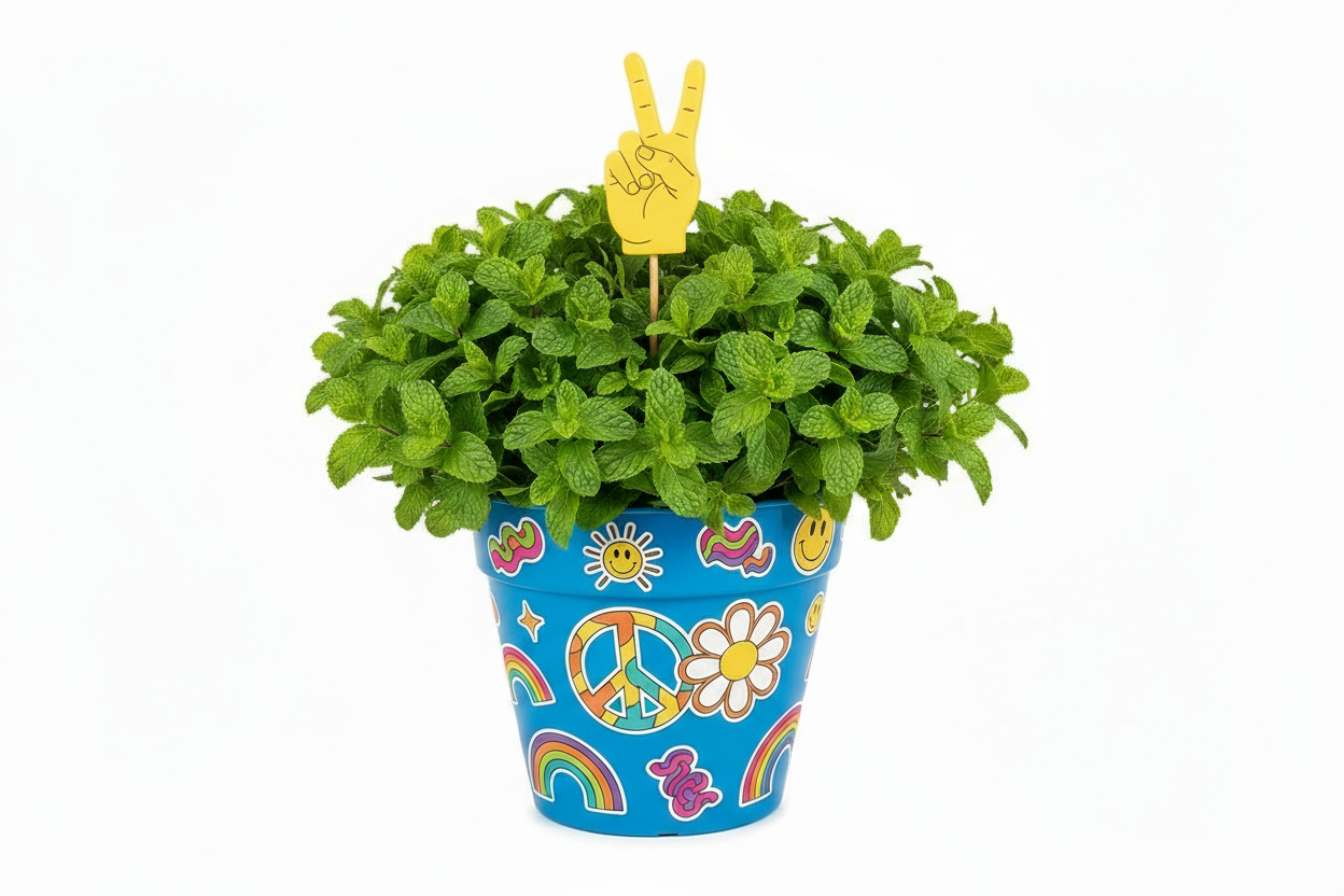 Keep everything the same, but replace the peace sign coming out of the plant with a yellow, plastic, 2 dimensional hand- not a realistic hand.