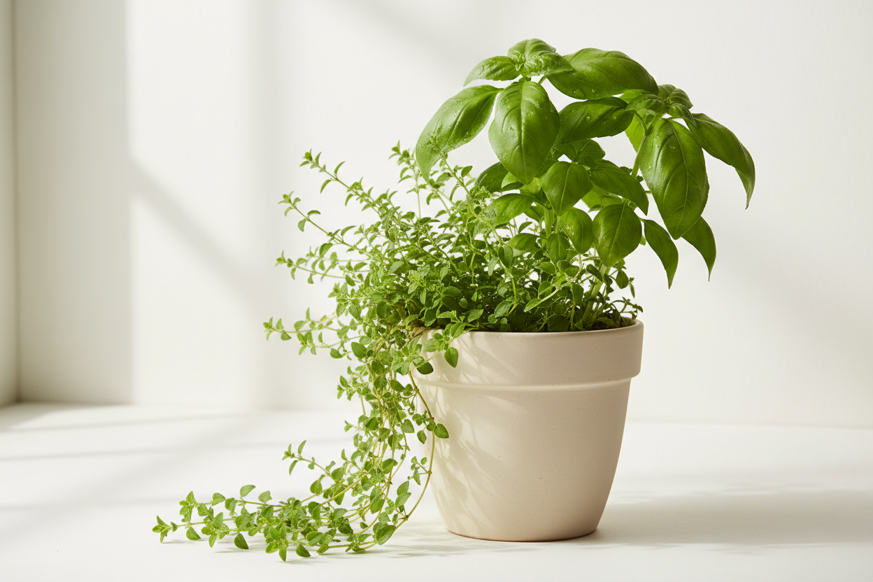 Shorten the oregano plant to a length that comes three quarters of the way down the pot.