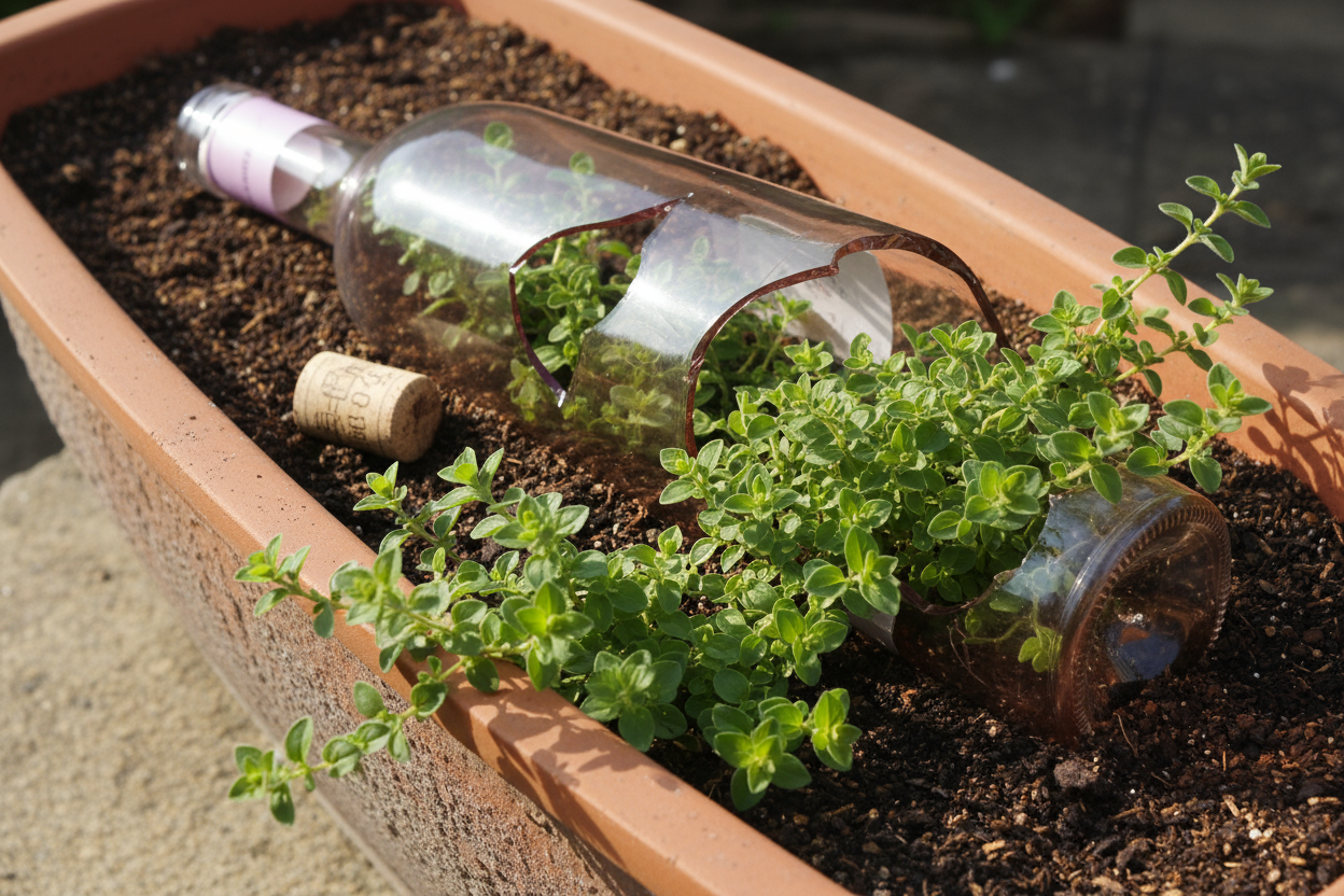 This is a great start.  Position the bottle so the neck of the bottle is resting on the side-edge of the pot and the bottom of the bottle is a bit further into the soil.  Place the cork partially in the soil, near the top of the bottle.