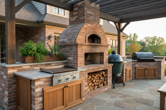 This looks really crowded.  Move the Treager grill to the right side of the breakfast area, and make a wood storage where the Treager is now.  Put the planter box on the high counter behind the breakfast grill.